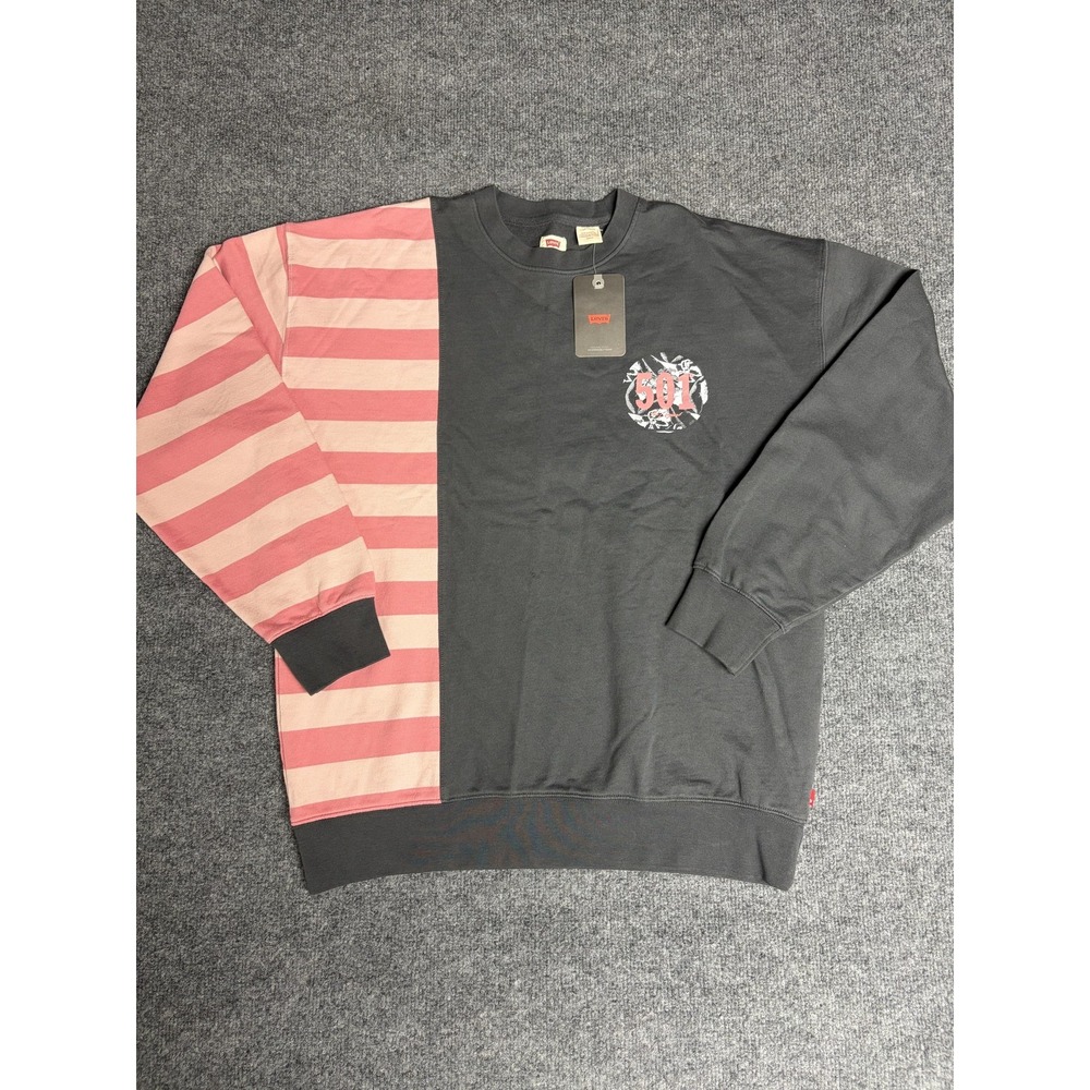 Levis Sweatshirt Mens Small Gray Pink 501 Graphic Oversized Stripe Crewneck